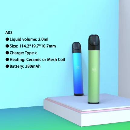 A03 2ml TPD compliant ultra-slim disposable vape offering ceramic or mesh coil options. GG-Vape OEM.