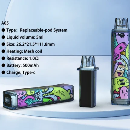 A05 5ml sustainable replaceable pod system optimized for portability. Professional OEM manufacturing by GG-Vape.