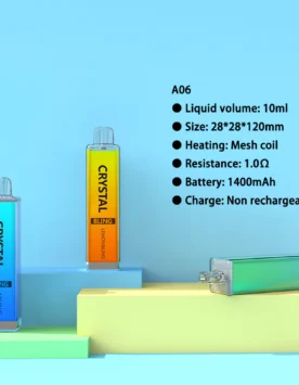 A06 10ml crystal disposable vape delivering 8000 puffs with a 1400mAh non-rechargeable battery. No charging required. GG-Vape OEM.
