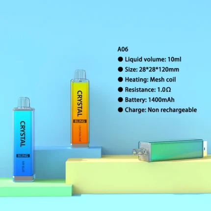 A06 10ml crystal disposable vape delivering 8000 puffs with a 1400mAh non-rechargeable battery. No charging required. GG-Vape OEM.