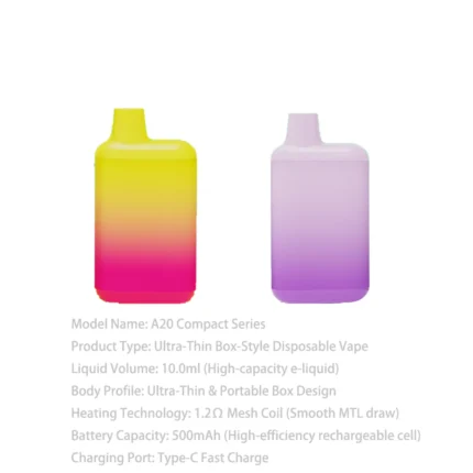 A20 10ml ultra-thin compact box disposable vape with 1.2 ohm mesh coil. Professional OEM manufacturing by GG-Vape.