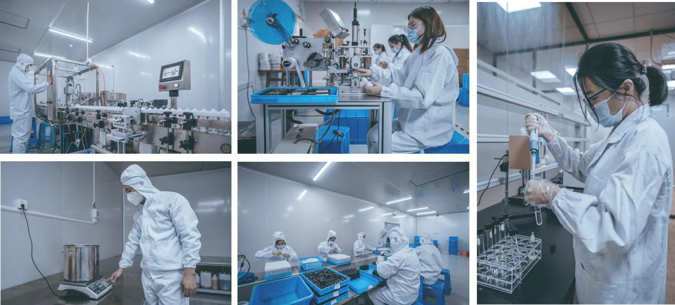 E-liquid OEM manufacturer cleanroom facility in China showing automated filling line, labelling, weighing and laboratory QC testing