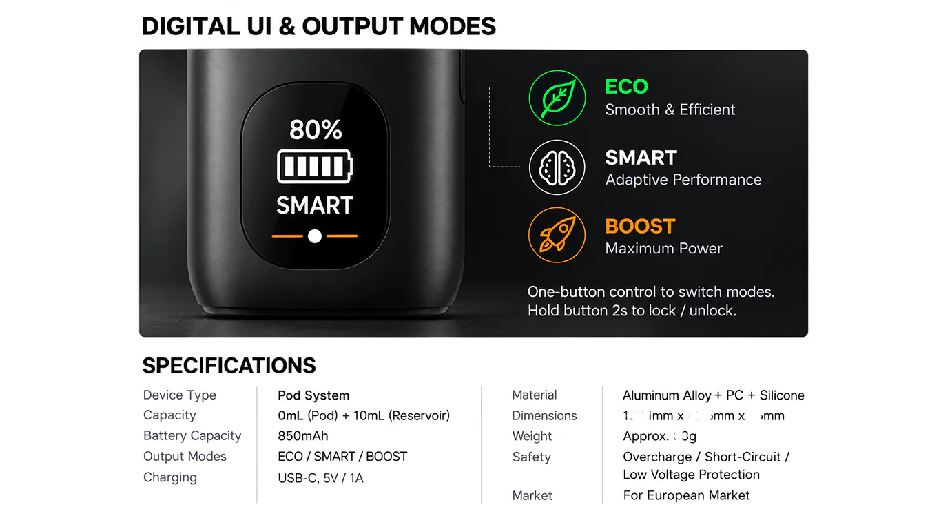 IDEA051 digital display showing battery percentage and ECO, SMART, BOOST output modes, design rendering
