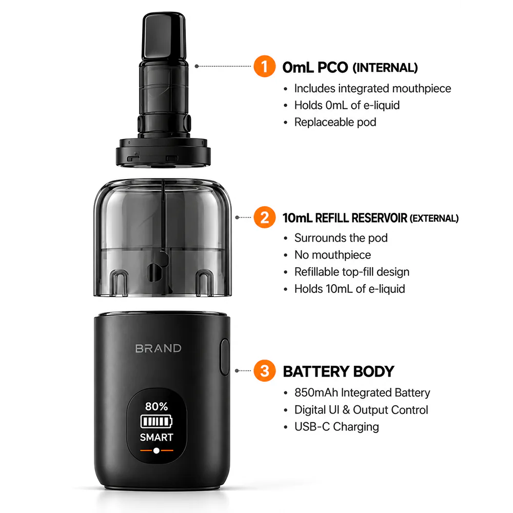 IDEA051 inner pod, 10ml refill reservoir, and 850mAh battery body, shown in the 0+10ml version, design rendering