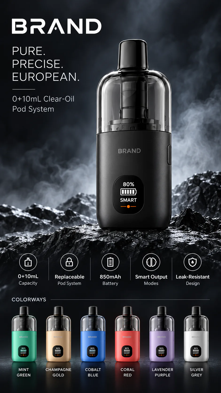 IDEA051 visible reservoir pod vape with clear refill reservoir and aluminum body, design rendering