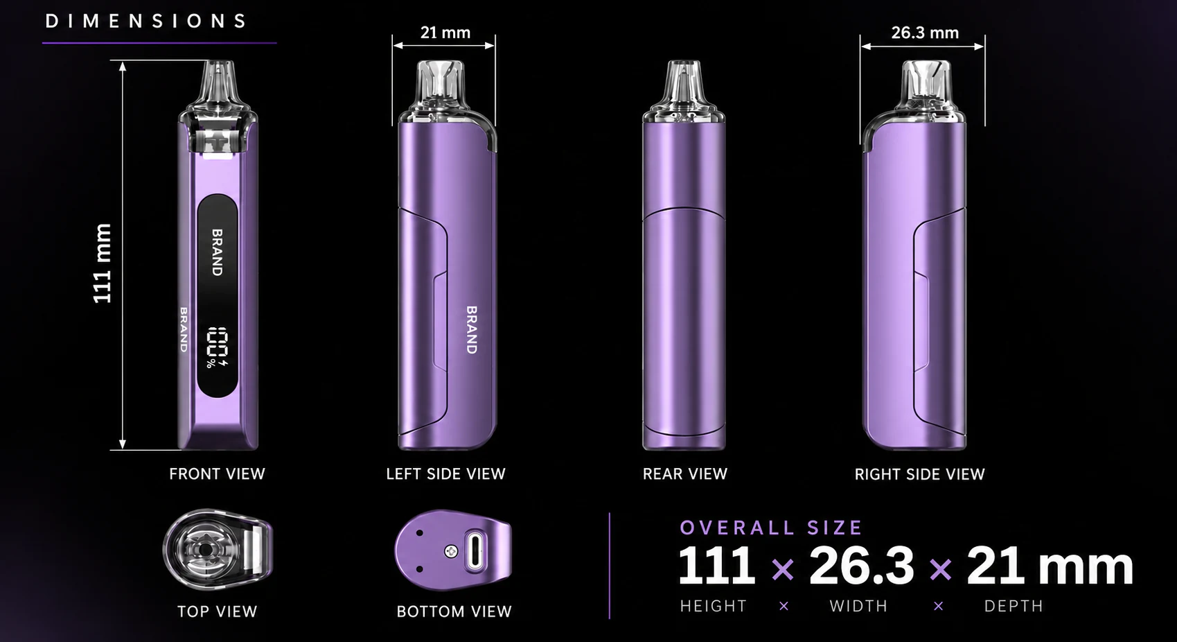 B11 pod system dimension drawing, 111 × 26.3 × 21 mm, with front, side, rear, top and bottom views