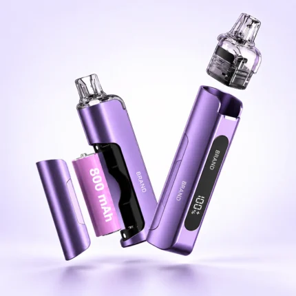B11 pod system with magnetic side cover removed, showing the removable 800mAh battery and detached 2ml pod