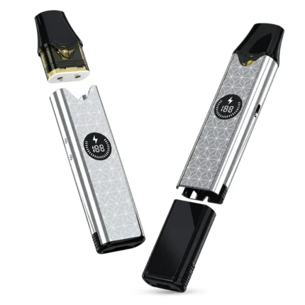 BN12 refillable pod system with the pod detached and the bottom battery cap removed, next to an assembled unit