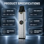 BN12 specifications: 120 × 28 × 14.7 mm, 2ml or 3ml pod, 0.4/0.6/1.0Ω coil, USB Type-C charging, replaceable pod and battery