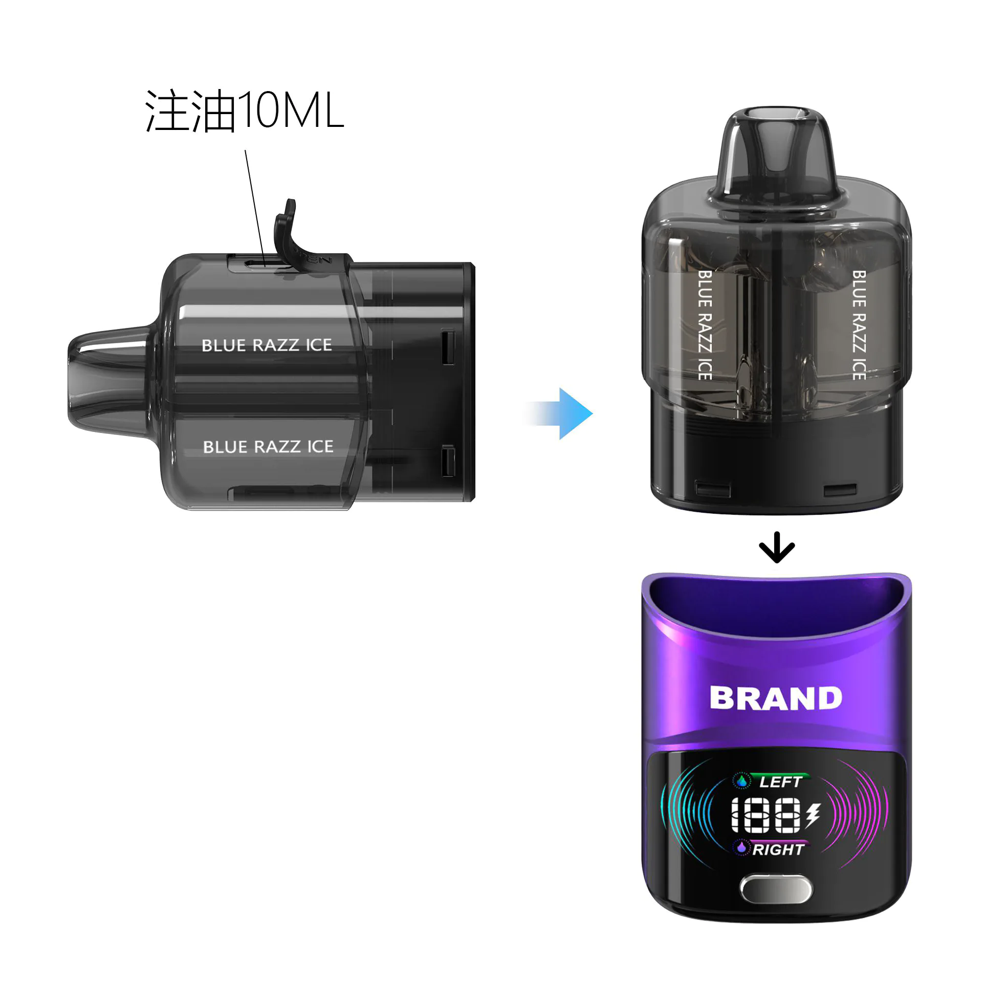 IDEA007: 2+10ml Dual-Chamber Pod Vape Concept Open for ODM 5 IDEA007 proposed dual-chamber pod assembly and 10ml reservoir e-liquid filling sequence