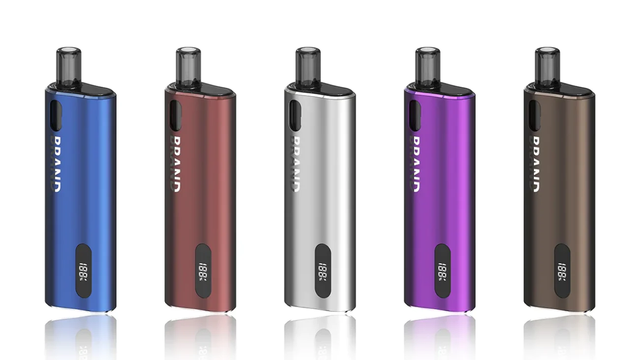 IDEA019 contoured aluminum pod vape in five anodized colors, design rendering