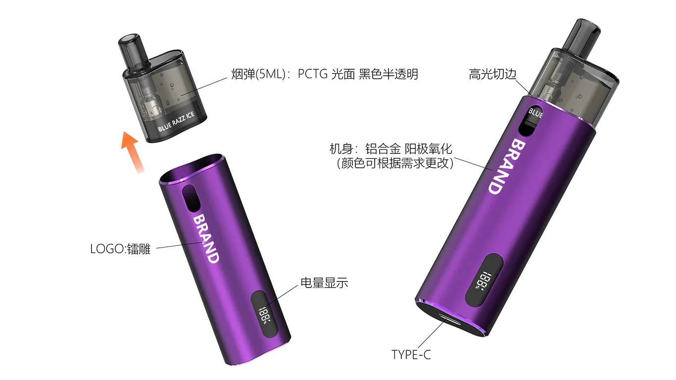 IDEA019 contoured body callouts: anodized aluminum, 5ml PCTG pod, laser-engraved logo, diamond-cut edge