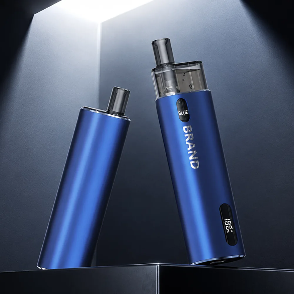IDEA019 contoured aluminum pod vape in blue anodized finish, design rendering